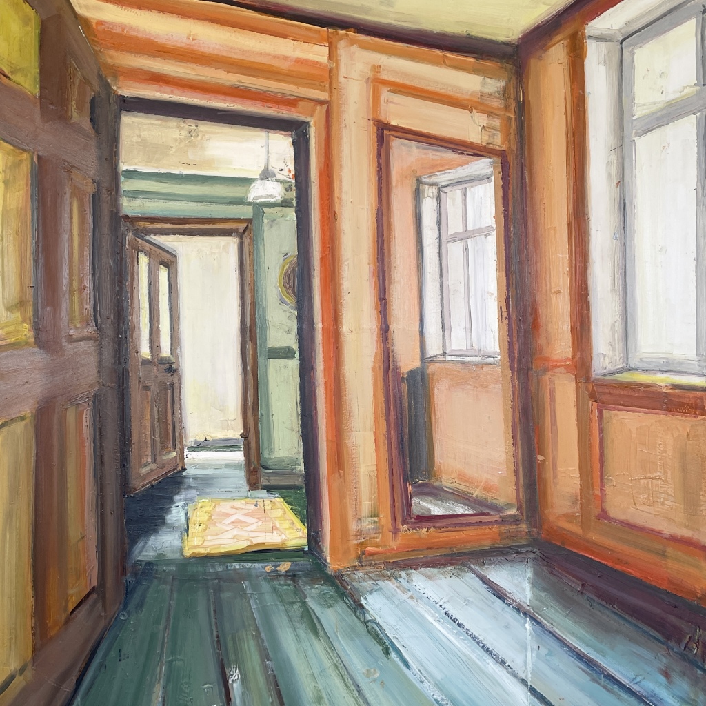 THE ORANGE ROOM, Olie på lærred, 120x100 cm, 2025, SOLGT