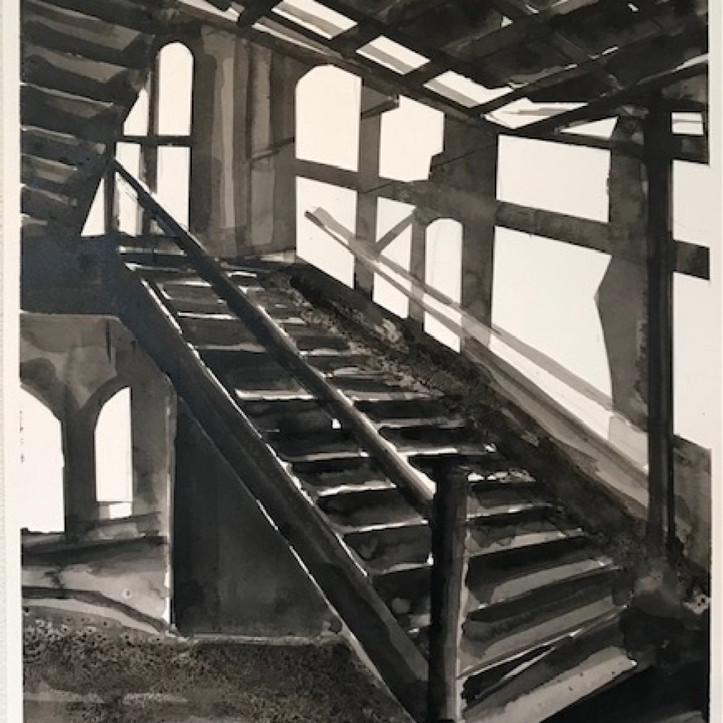 THE RED ROOM 8, flydende tusch, 70x50 cm, indrammet, 2025