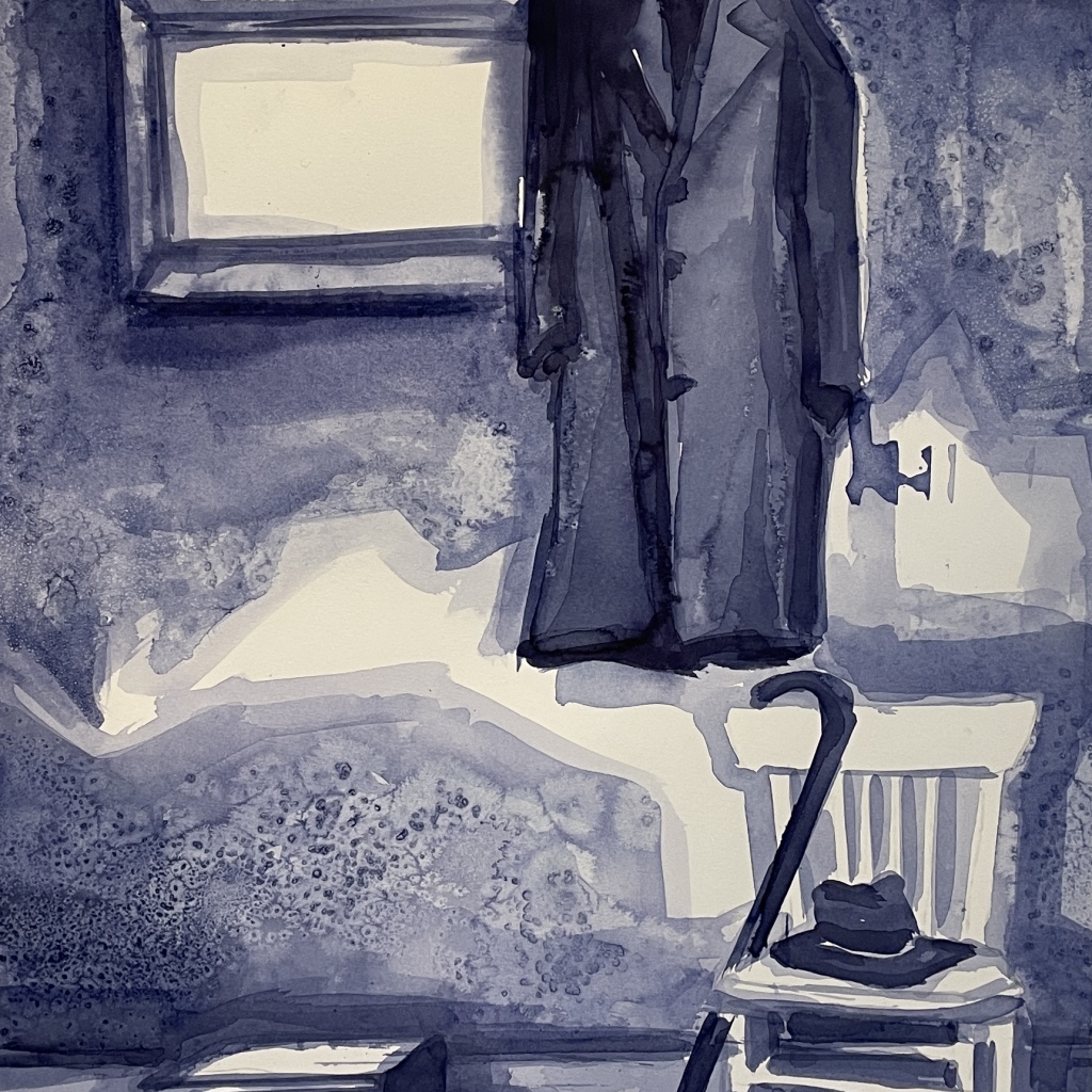 THE BLUE MEN'S ROOM, Flydende tusch, 70x50 cm, indrammet, 2025