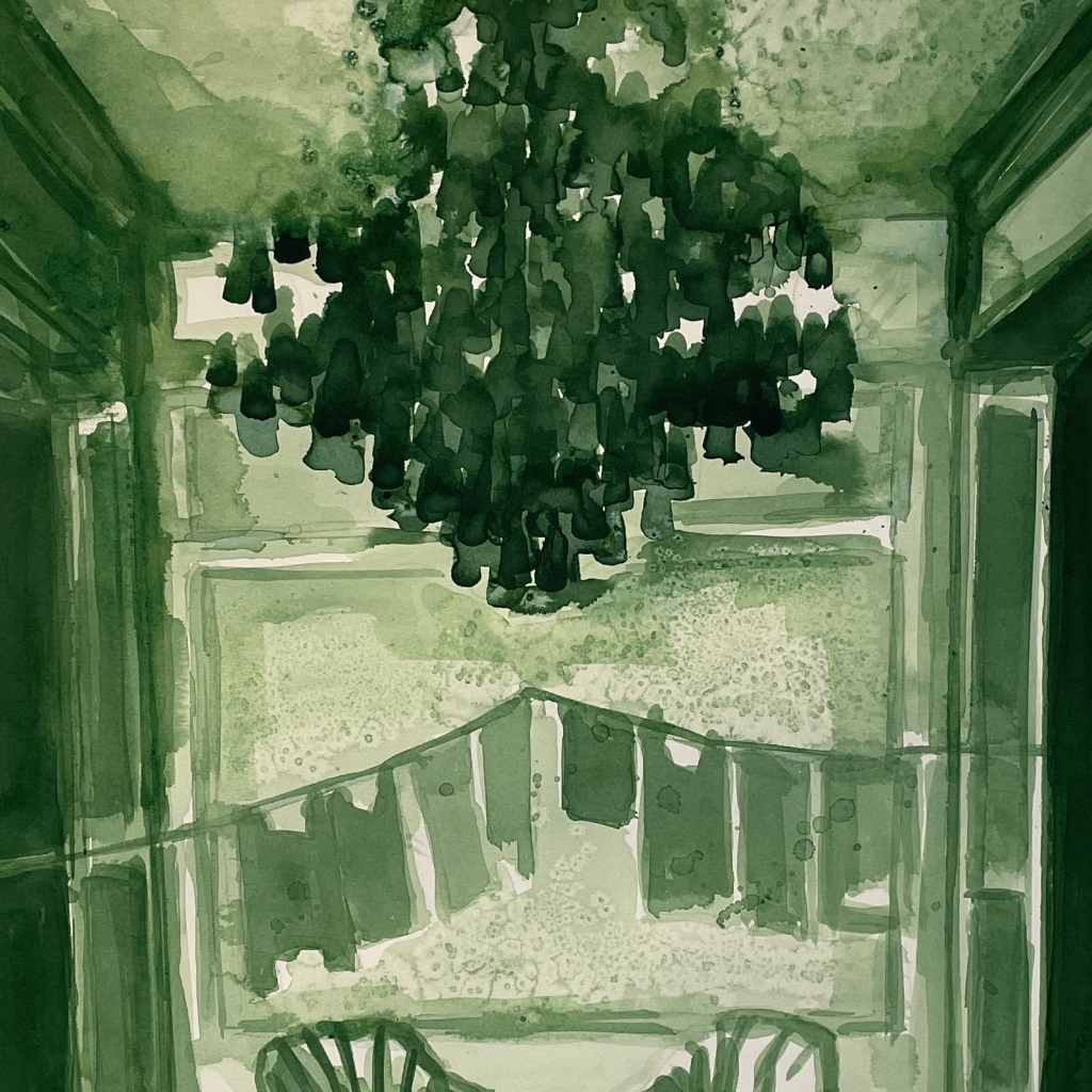 THE GREEN CHANDELIER, flydende tusch, 70x50 cm, indrammet, 2025