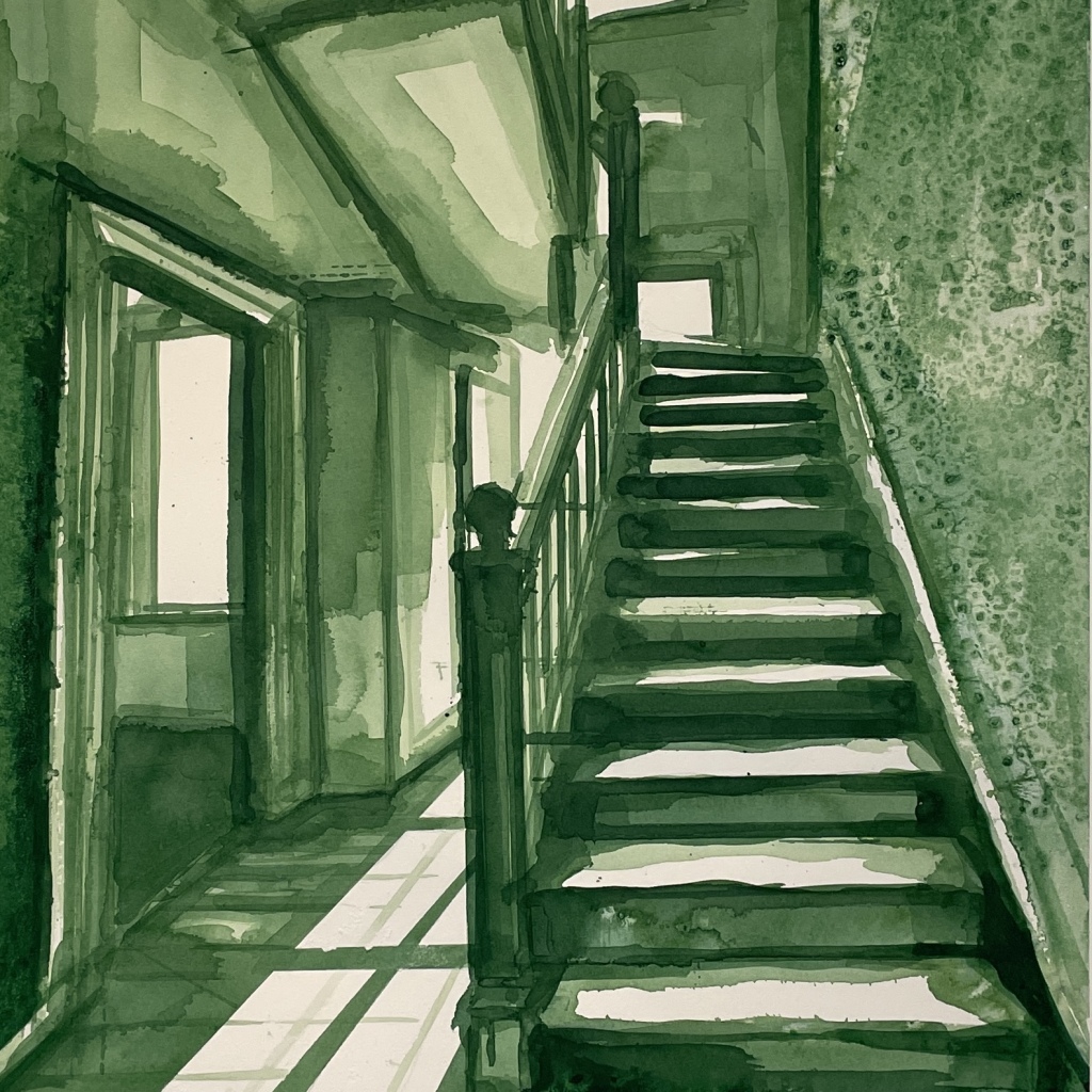 THE GREEN ROOM 2, flydende tusch, 70x50 cm, indrammet, 2025