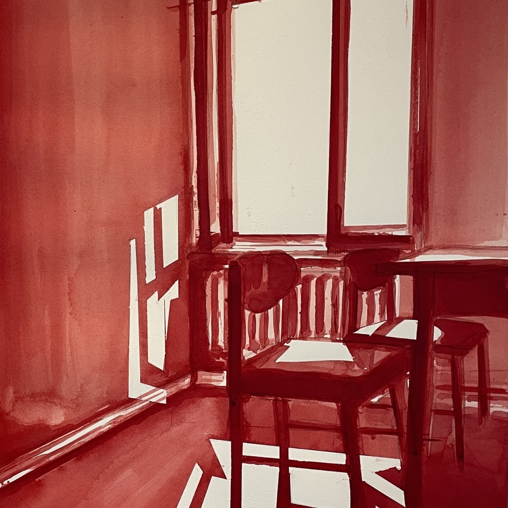 THE RED ROOM 7, flydende tusch, 70x50 cm, indrammet, 2025