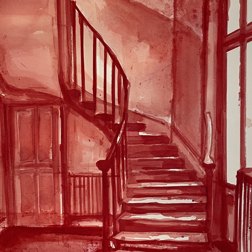 THE RED ROOM 8, flydende tusch, 70x50 cm, indrammet, 2025