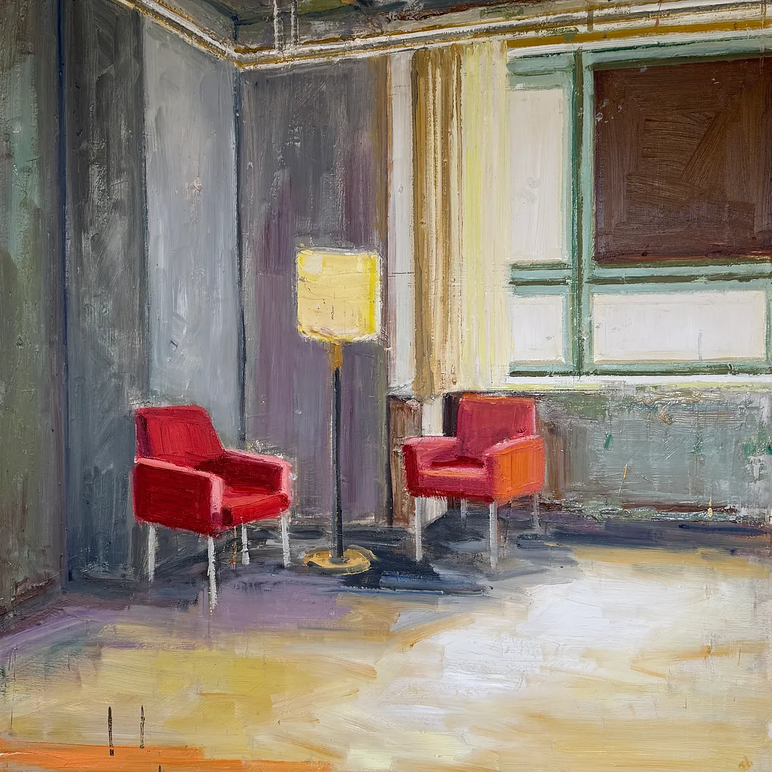 TWO RED CHAIRS AND A FLOOR LAMP, 100x90 cm, olie på lærred, 2026