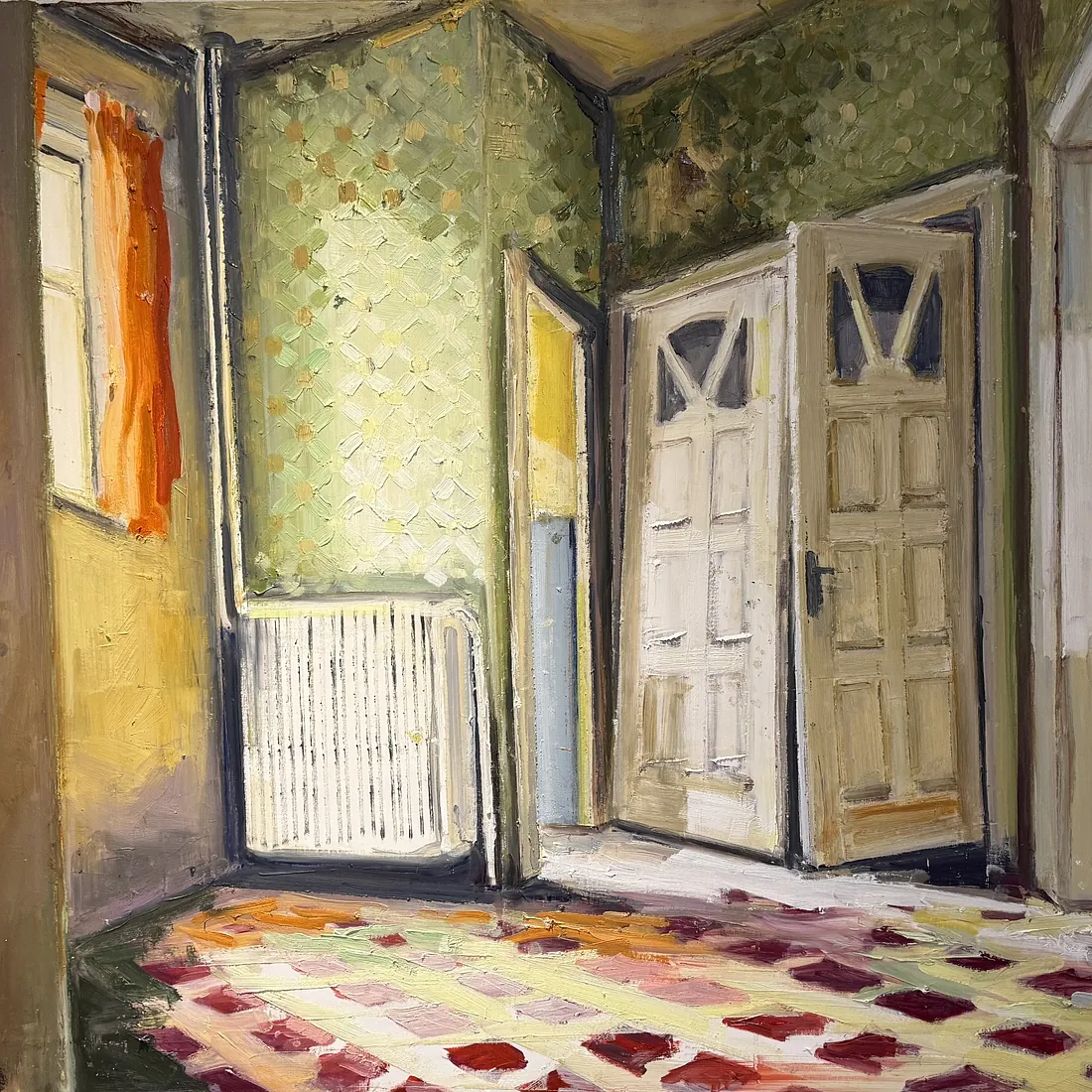 BETWEEN ROOMS, olie på lærred, 100x140 cm, 2026