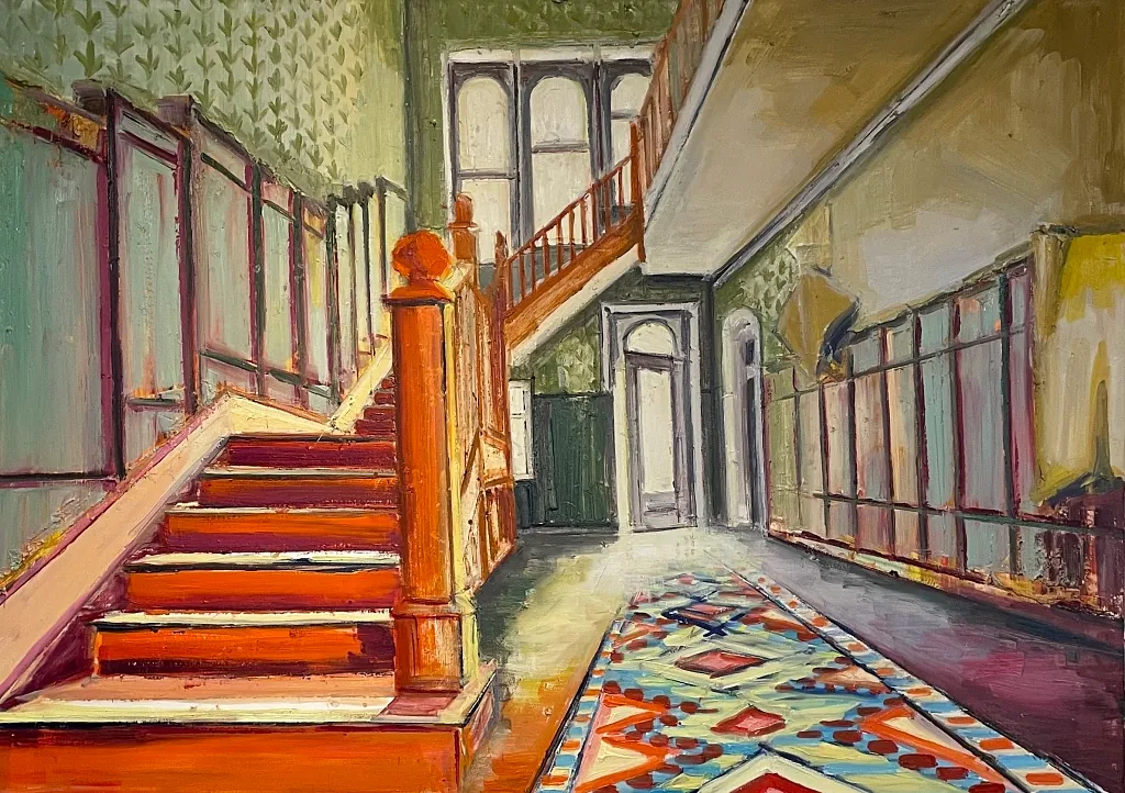 THE ORANGE HALL, Olie på lærred, 100x140 cm, 2025, SOLGT