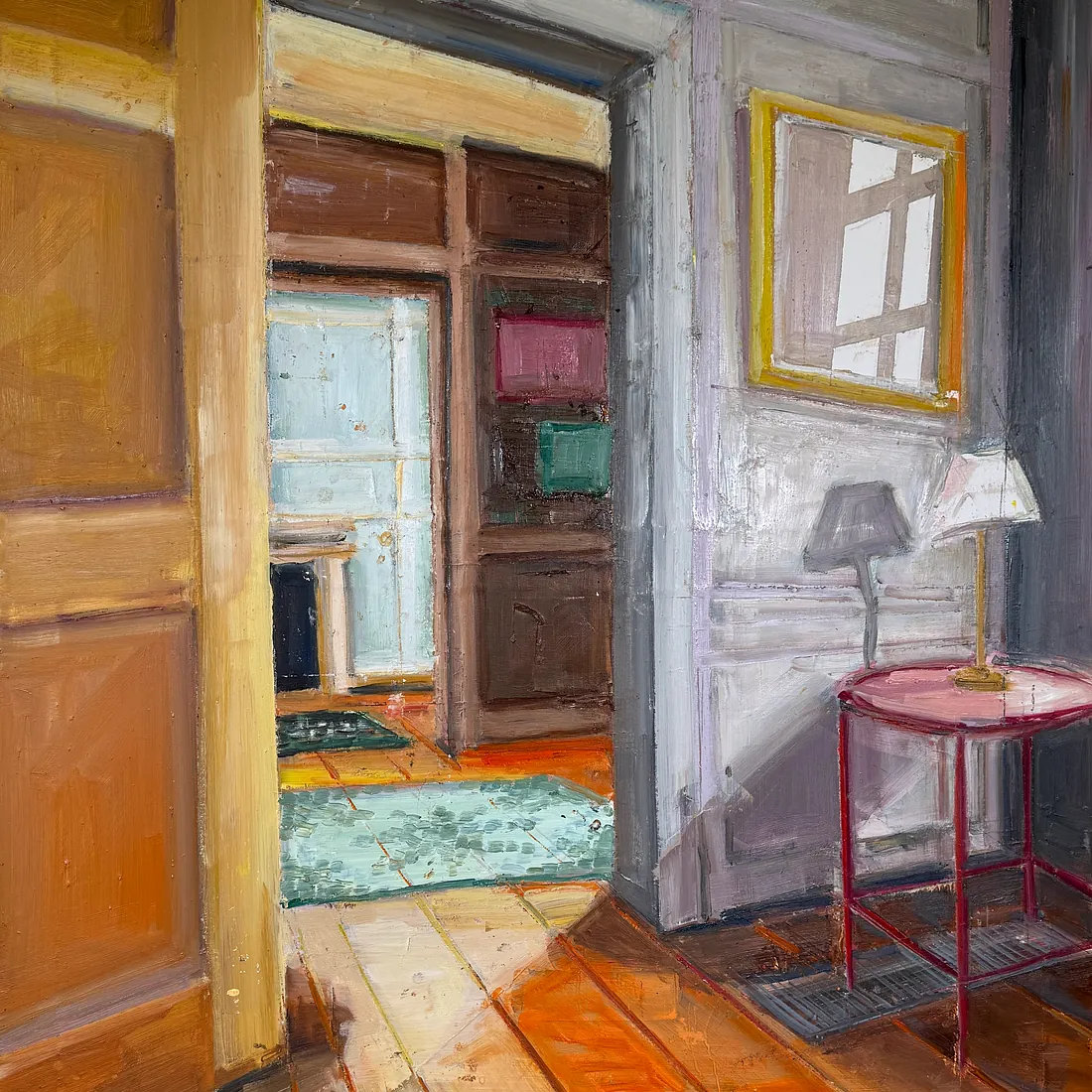 INTERIOR WITH RED TABLE, 120x100 cm, olie på lærred, 2026
