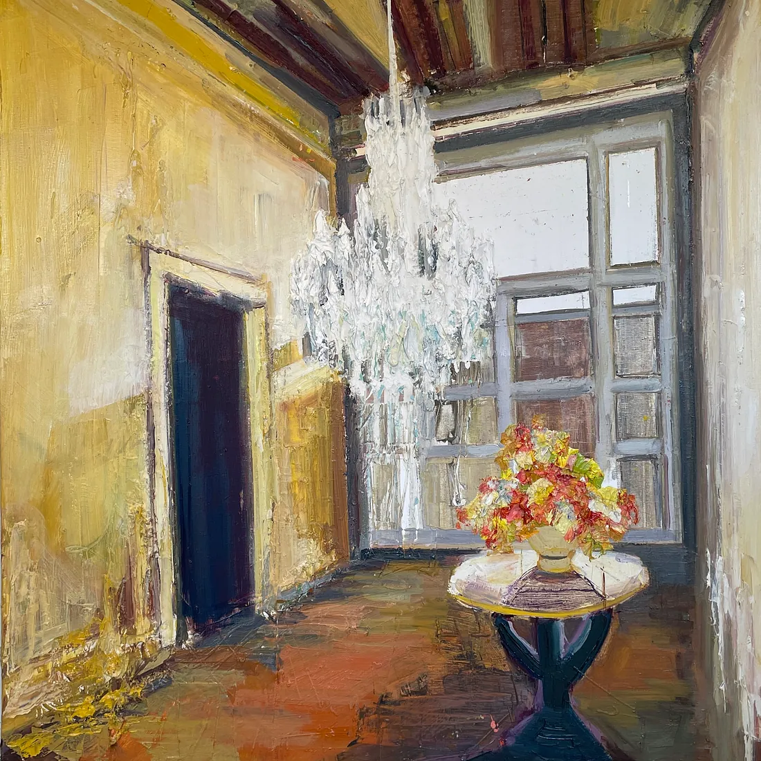FLOWERS ON THE TABLE, 120x100 cm, olie på lærred, SOLGT