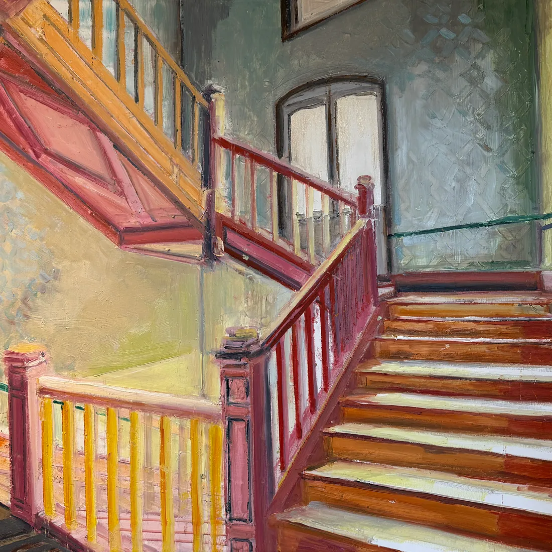 BETWEEN FLOORS, olie på lærred, 100x140 cm, 2026